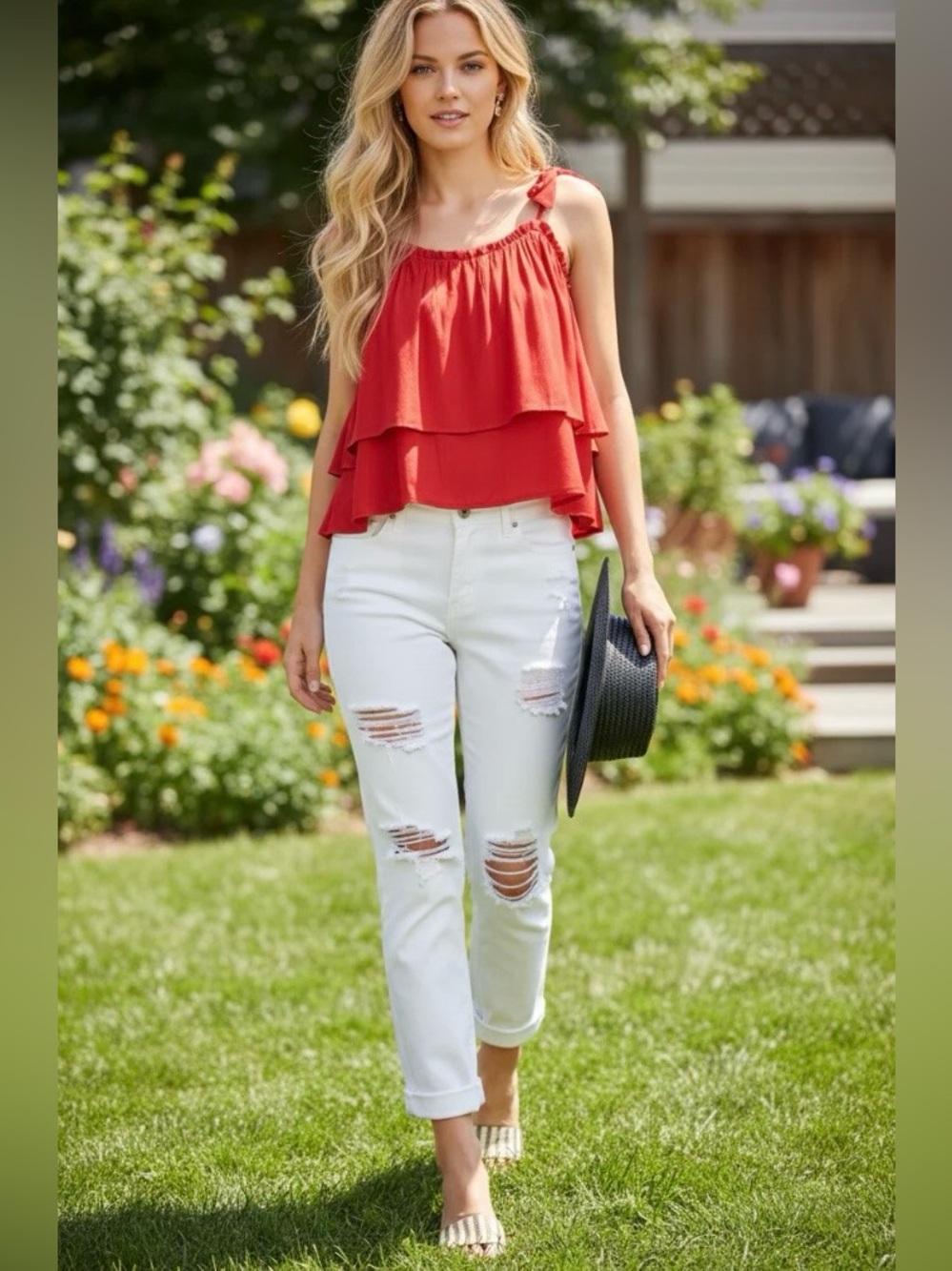 Hayden Los Angeles Red Ruffle Strap Tiered Tank Top L Flowy Boho